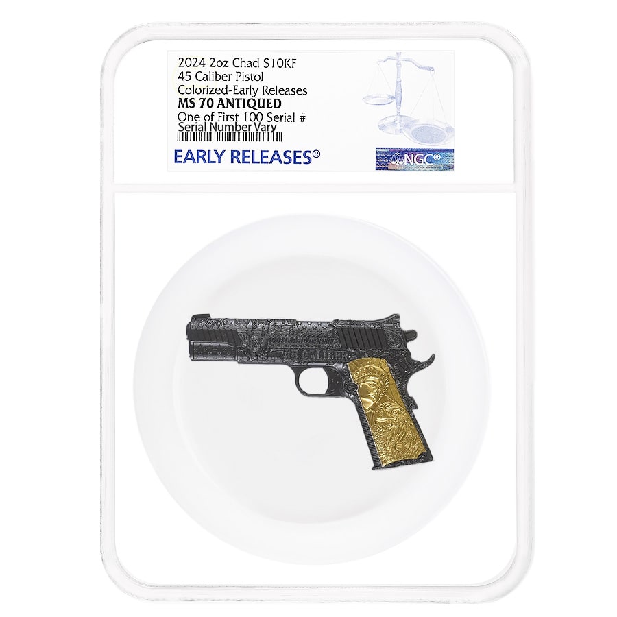 2024 Chad 2 oz Silver .45 Caliber Pistol Black & Gold NGC MS 70
