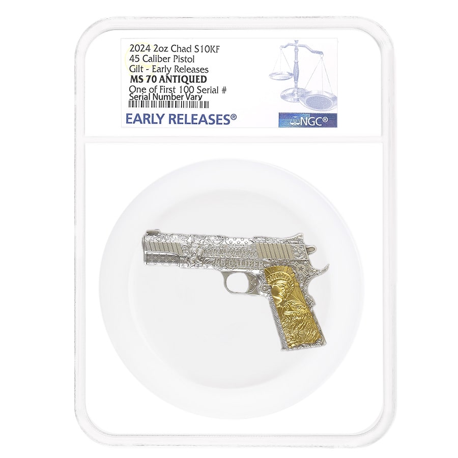 2024 Chad 2 oz Silver .45 Caliber Pistol Gilded NGC MS 70