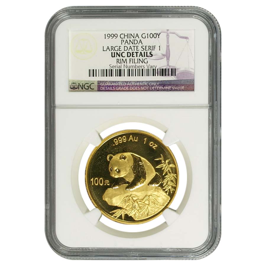 1999 1 oz China Gold Panda 100 Yuan NGC UNC Details Large Date Serif 1