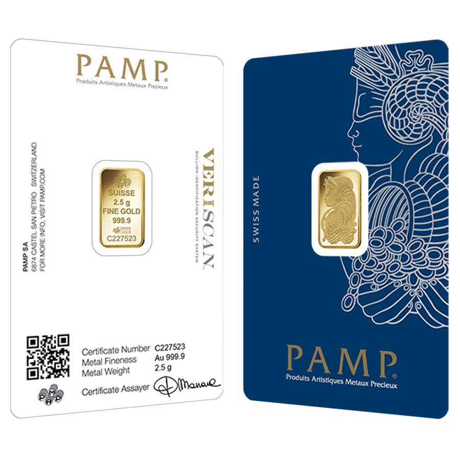 2.5 gram Gold Bar PAMP Suisse Lady Fortuna Veriscan .9999 Fine (In Assay)