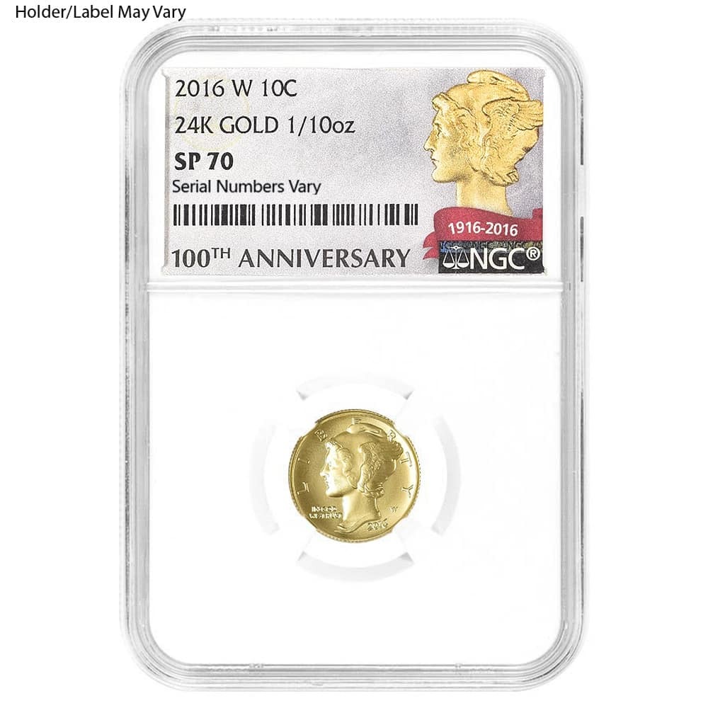 2016 W 1/10 oz Mercury Dime Centennial Gold Coin NGC SP 70