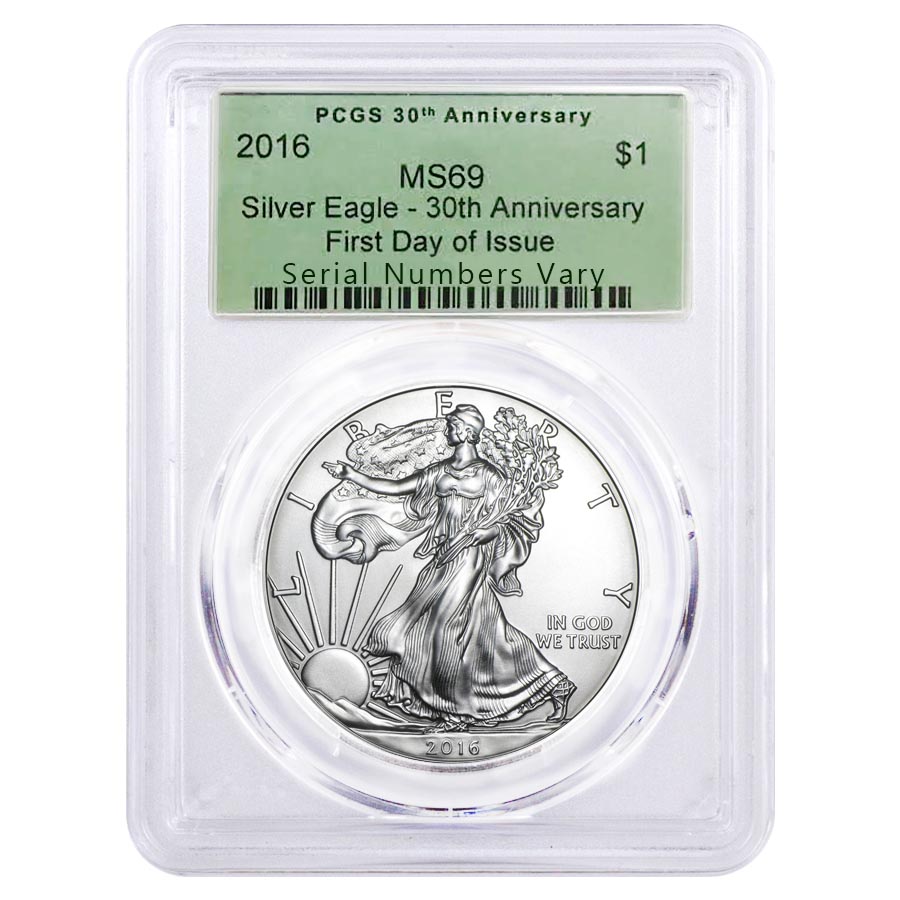 2016 1 oz Silver American Eagle $1 Coin PCGS MS 69 OGH First Day of Issue - 30th Anniversary