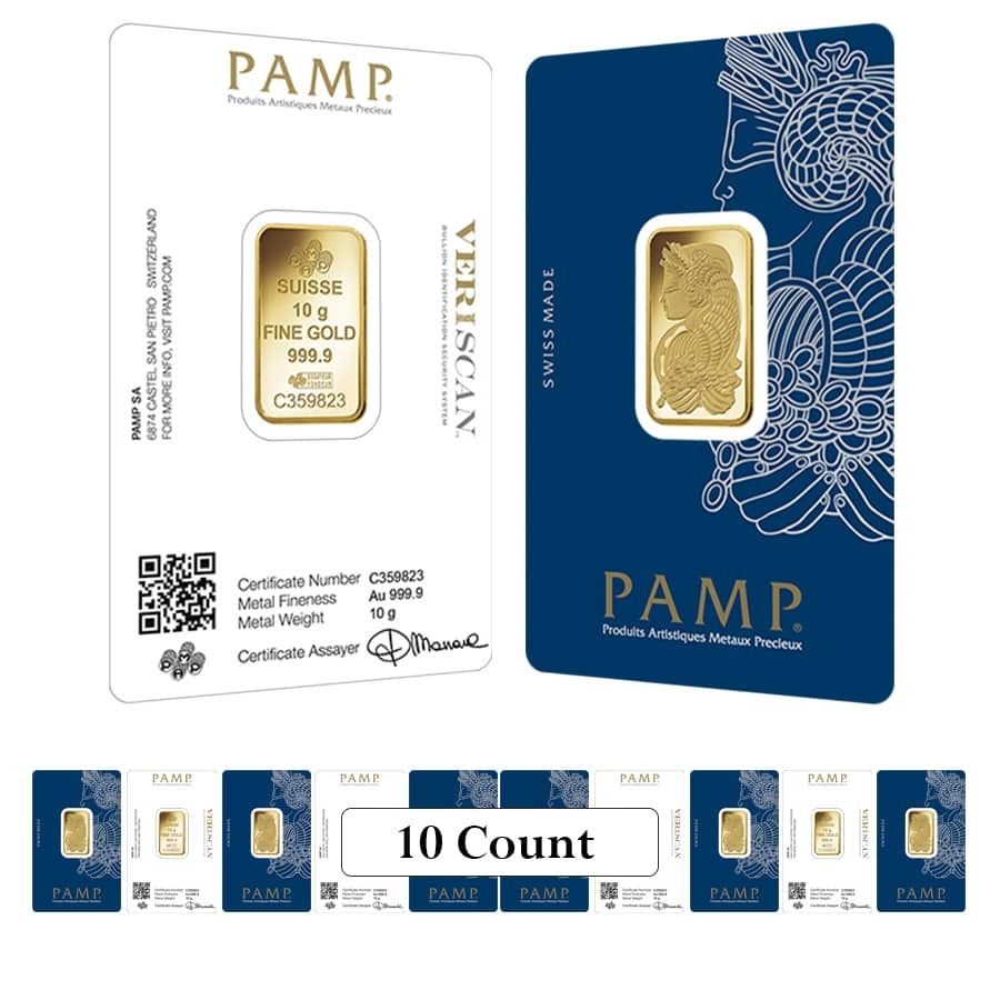 Lot of 10 - 10 gram Gold Bar PAMP Suisse Lady Fortuna Veriscan .9999 Fine (In Assay)