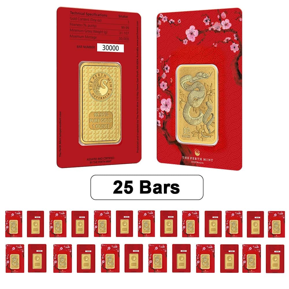 Lot of 25 - 1 oz Perth Mint Lunar Snake Gold Bar .9999