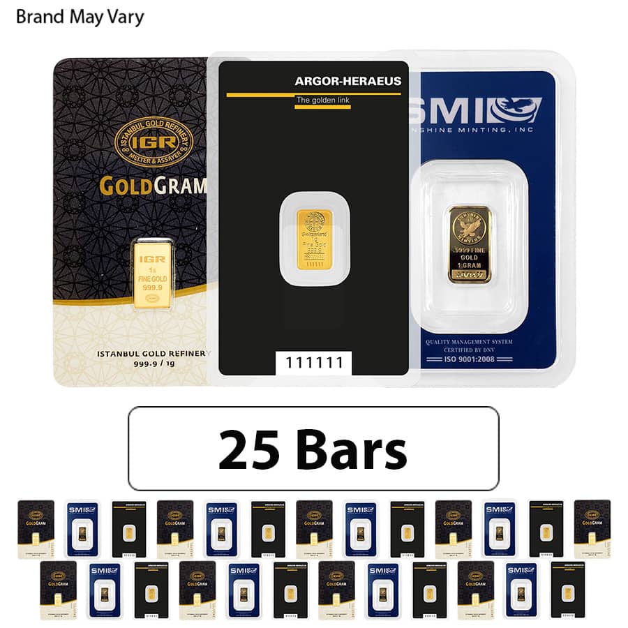 Lot of 25 - 1 gram Random Brand Gold Bar .999+ Fine (In Assay)