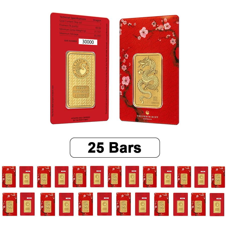 Lot of 25 1 oz Perth Mint Year of the Dragon Gold Bar .9999 Fine