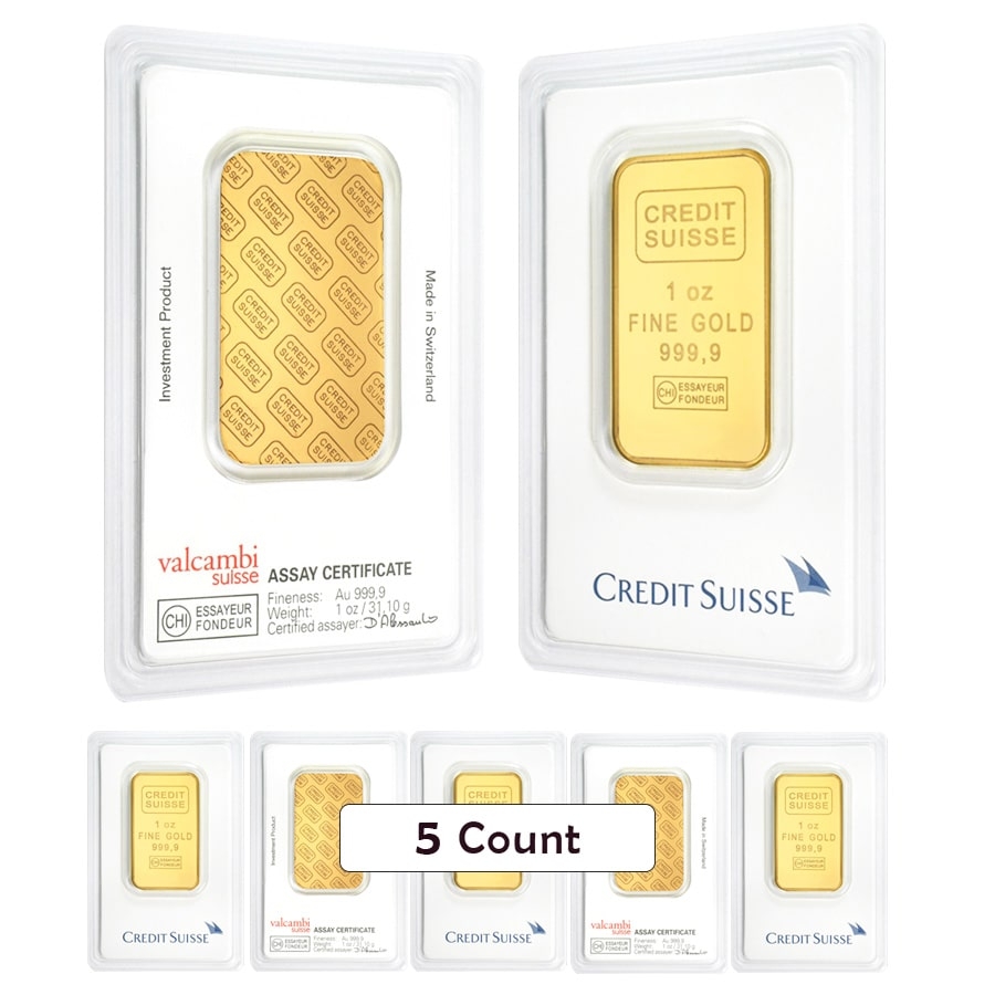 Lot of 5 - 1 oz Credit Suisse Gold Bar (In Assay)