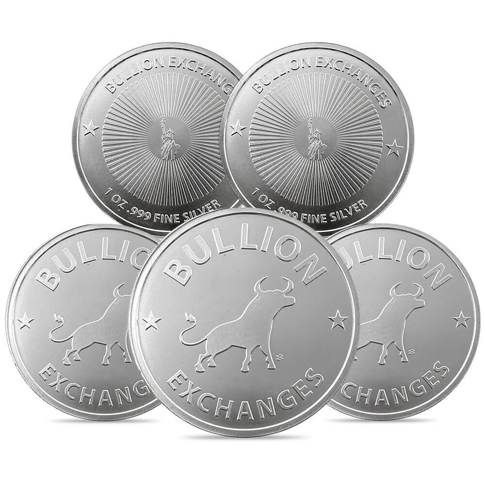 Silver at Spot - Lot of 5 Bullion Exchanges 1 oz Silver Rounds .999