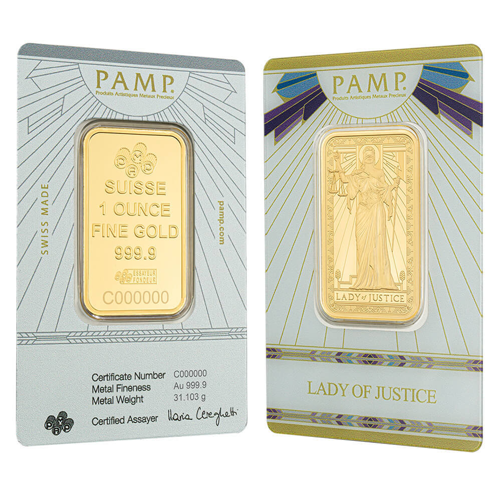 1 oz PAMP Suisse Lady of Justice Gold Bar (in Assay)