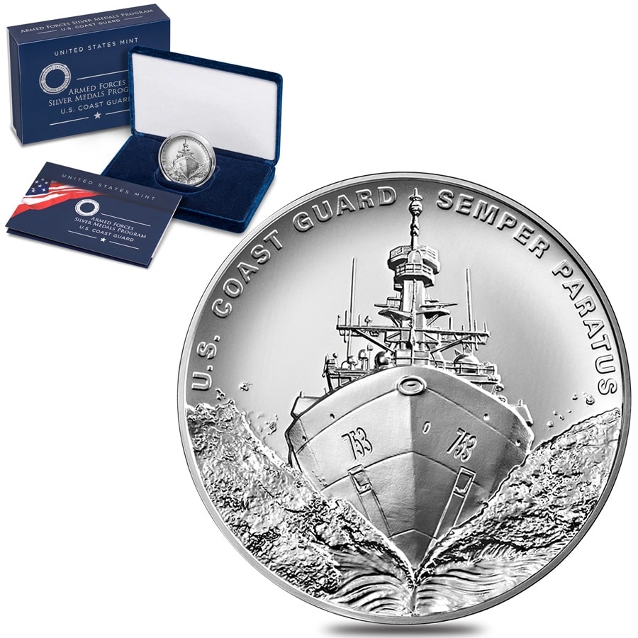 2.5 oz US Coast Guard Silver Medal Box & COA | Bullion Exchanges