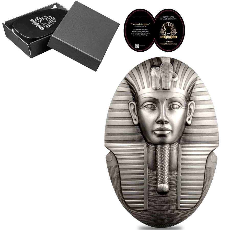 2022 3 oz Silver Mask of Tutankhamun 100th Ann 3D Shaped Coin