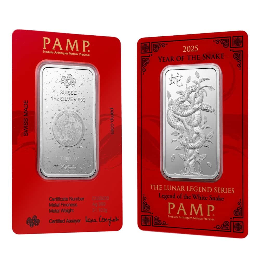 2025 1 oz PAMP Suisse Lunar White Snake Silver Bar (in Assay) 2025 1 oz PAMP Suisse Lunar White Snake Silver Bar (in Assay)