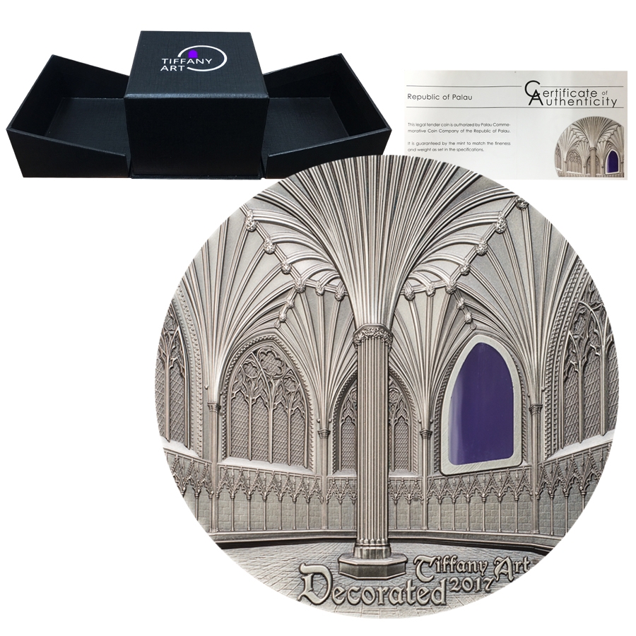 2017 2 oz Palau Tiffany Art Wells Cathedral Antiqued Silver Coin $10 .999 Fine (w/Box&COA)