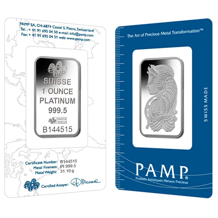 1 oz PAMP Suisse Lady Fortuna Platinum Bar .9995 Fine (In Assay)