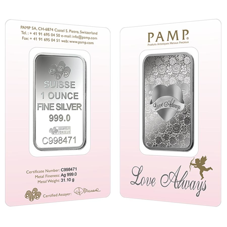 1 oz PAMP Suisse Silver Bar - Love Always (In Assay) .999 Fine