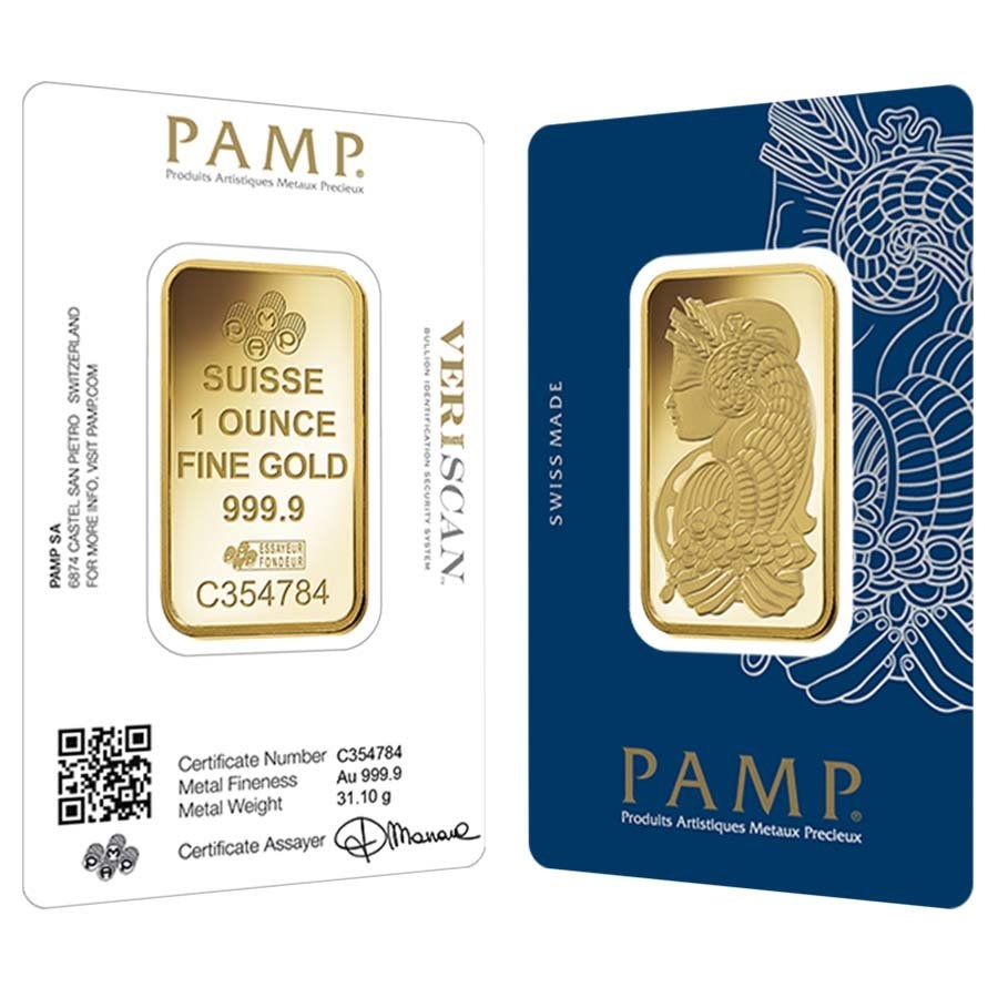 1 oz Gold Bar PAMP Suisse Lady Fortuna Veriscan .9999 Fine (In Assay)