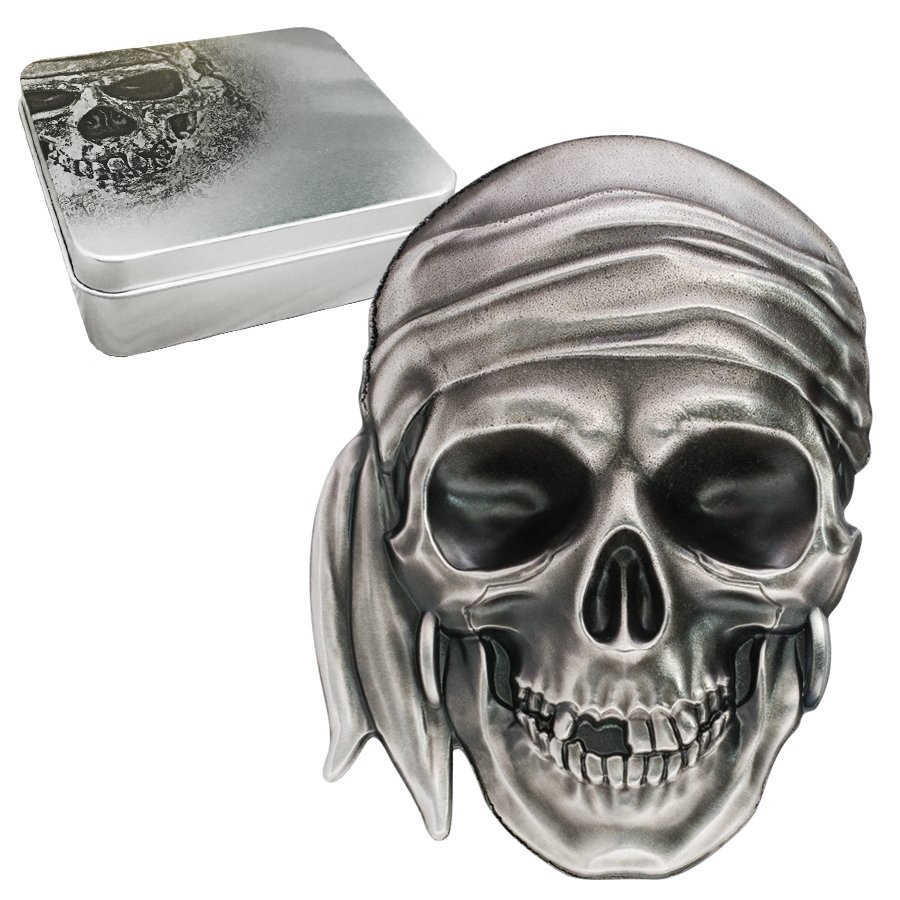 2017 1 oz Palau Pirate Skull High Relief Antiqued Silver Coin $5 .999 Fine (w/Box)