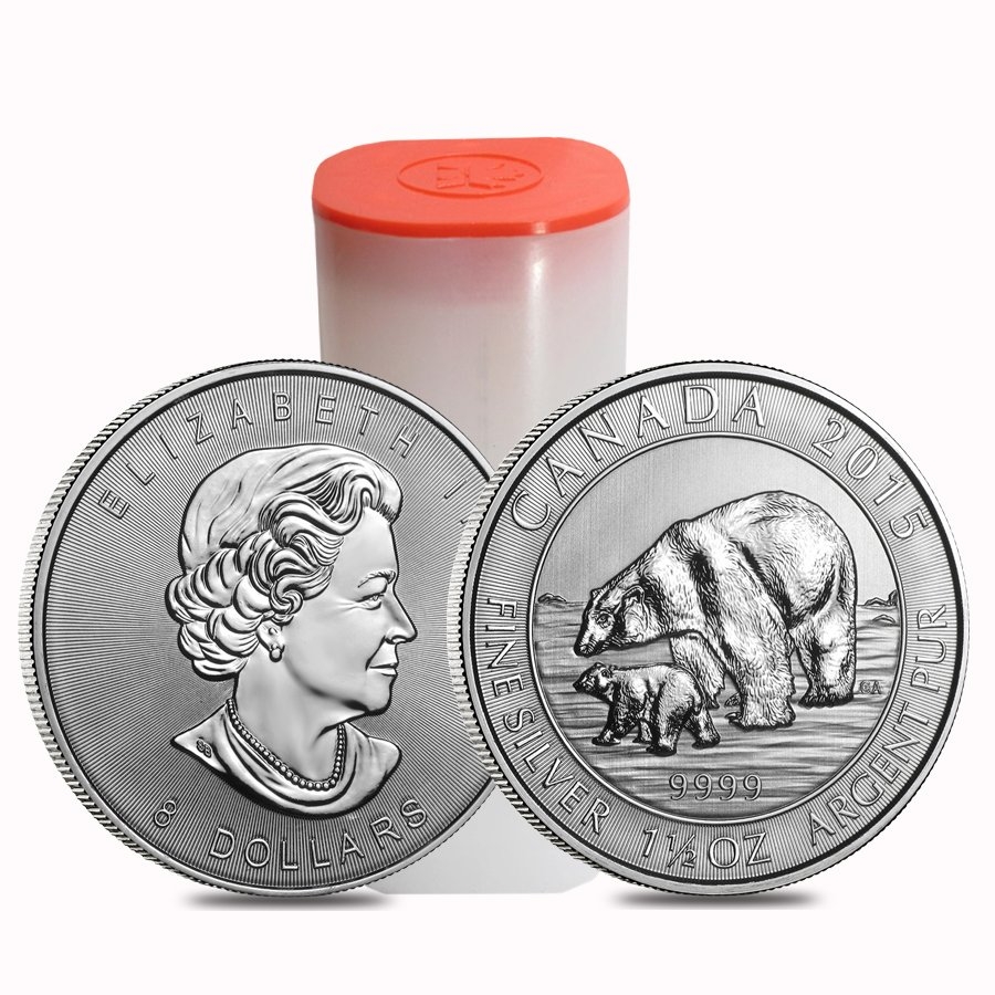 Roll of 15 - 2015 1.5 oz Canadian Silver Polar Bear and Cub $8 Coin .9999 Fine BU (Lot, Tube of 15)