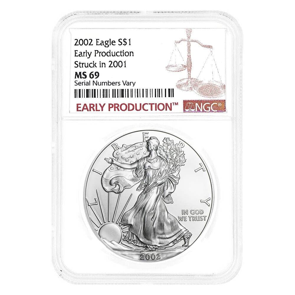 2002 1 oz Silver American Eagle Struck in 2001 NGC MS 69