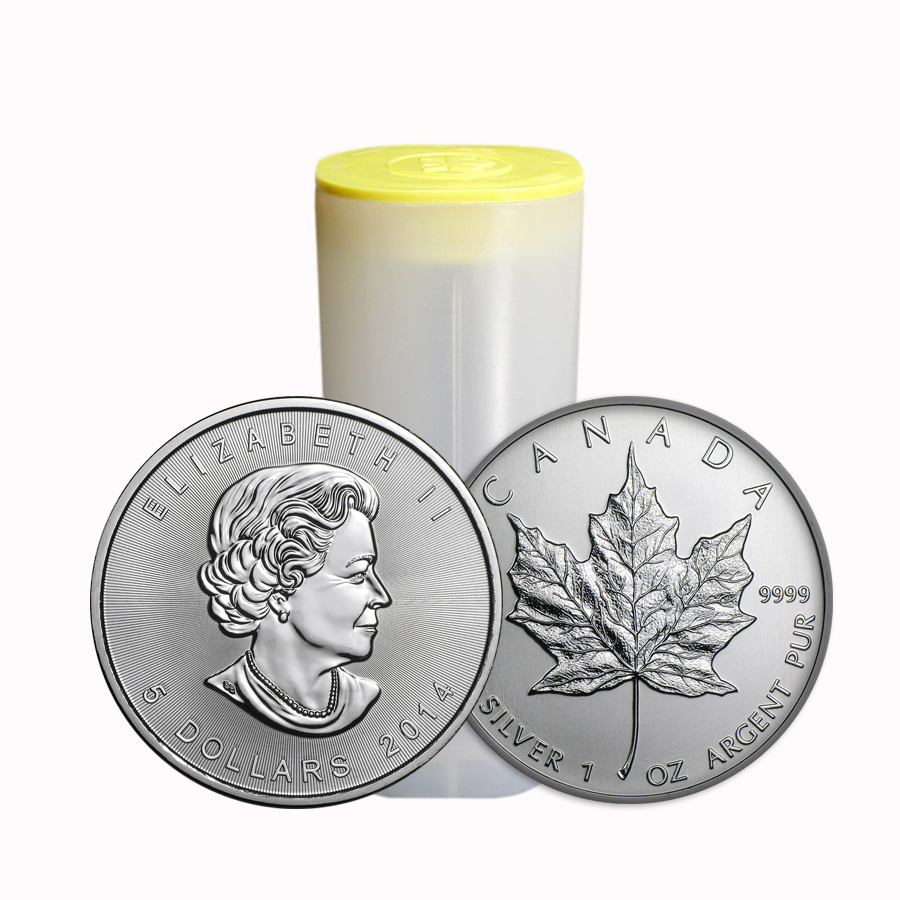 Roll of 25 - 2014 1 oz Canadian Silver Maple Leaf .9999 Fine $5