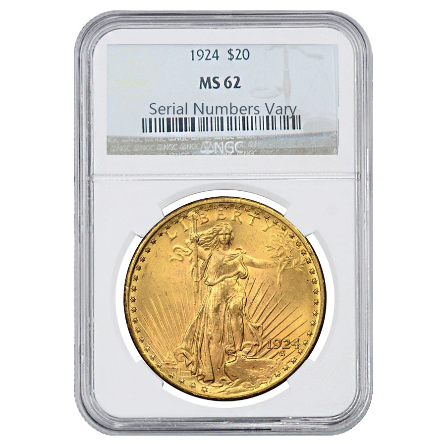 1924 $20 Gold St. Gaudens Double Eagle Coin NGC MS 62