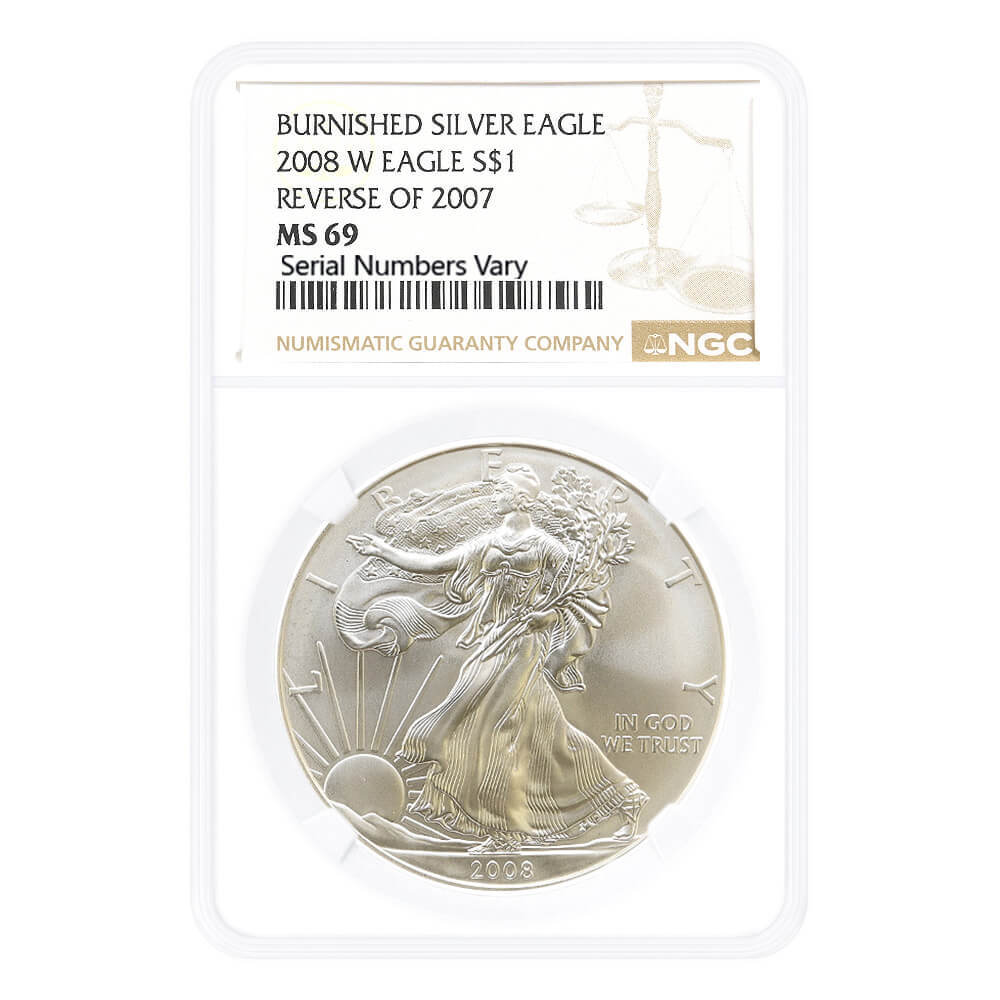 2008-W 1 oz Burnished Silver Eagle $1 NGC MS 69 Reverse of 2007