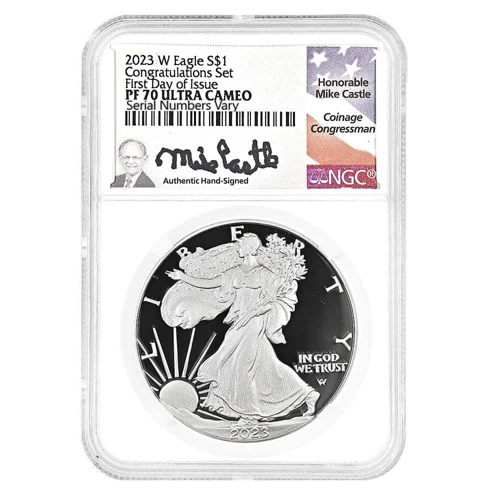 2023-W 1 oz Proof Silver American Eagle Congratulations Set NGC PF 70 FD (Castle)
